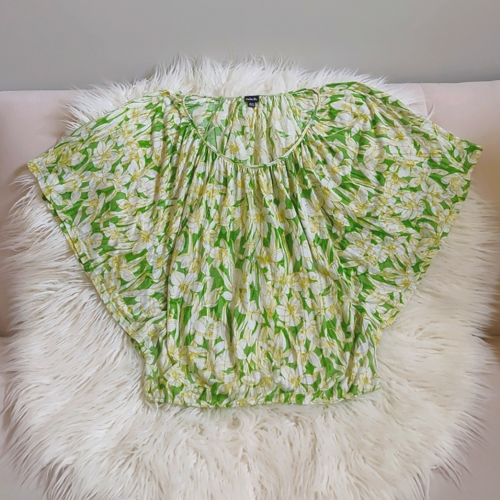 *Rafaella Blouse Green Floral Shirt Top Medium BUTTERFLY SLEEVE